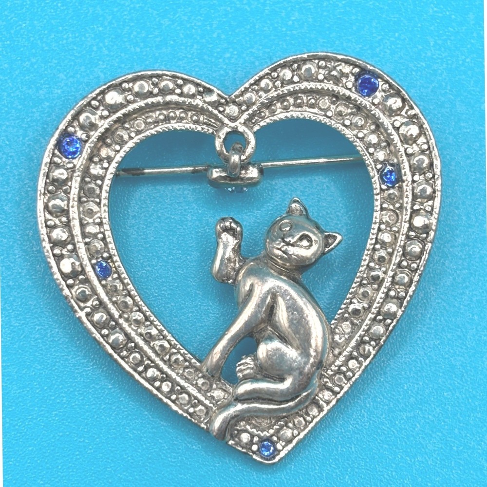 Vintage AAI Heart Cat Pin Brooch Blue Rhinestones Silver Tone‎ Pendant Charm